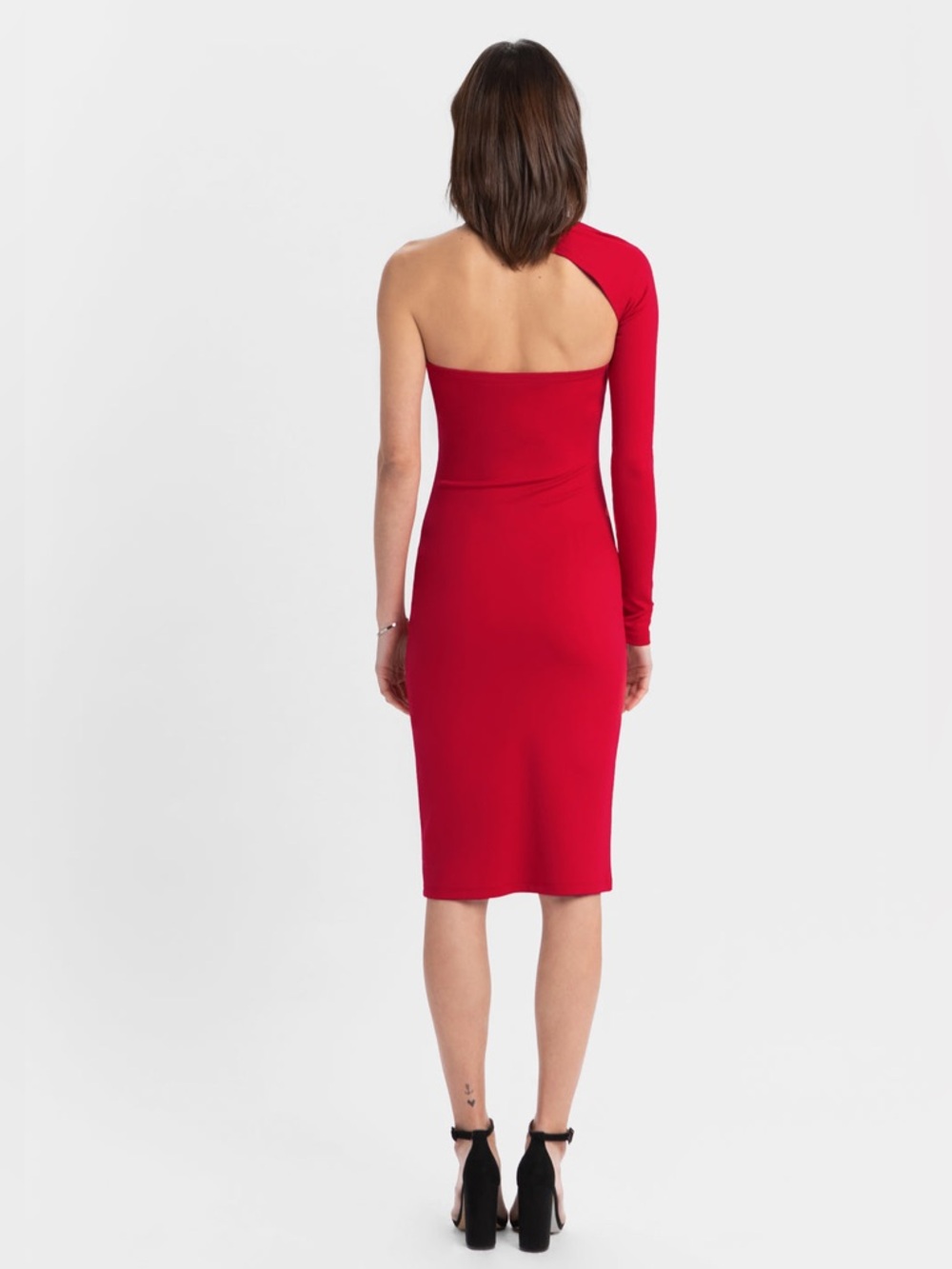 Marcella NYC Manhattan One Shoulder Midi Bodycon Dress Red Size Medium - Picture 3 of 7